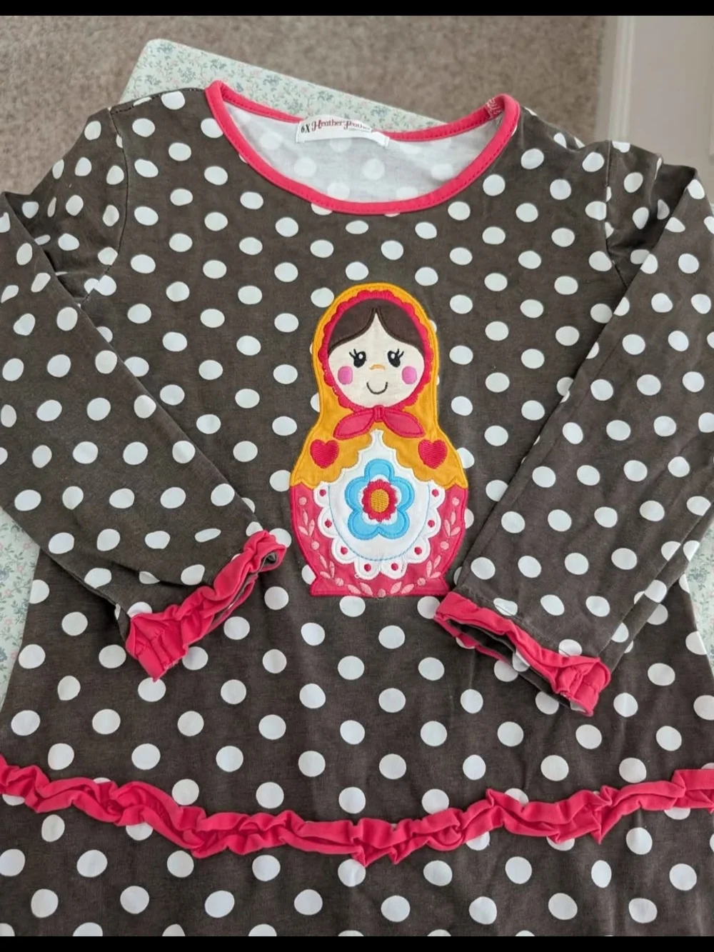 6X Embroidered Nesting Doll Polkadot Tunic Long Sleeve Top